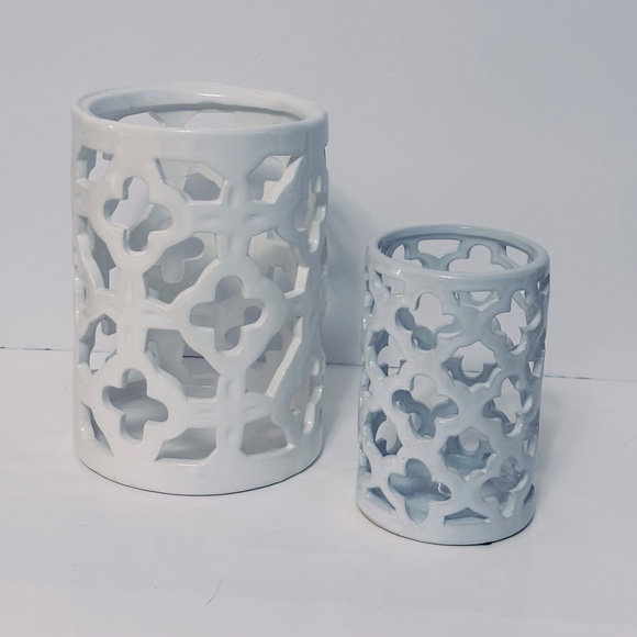 White Ceramic Lattice Candle Holders - Picture 1 of 7